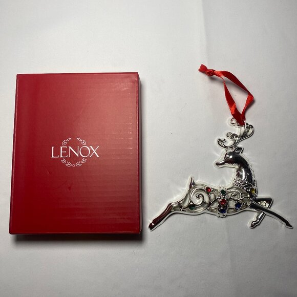 Lenox Sparkle and Scroll Reindeer Ornament Multicolor Gems Silver 893113 NIP - Picture 1 of 4